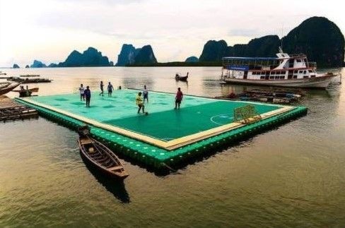 Is the floating ‘football field’ located anywhere in Ghana?