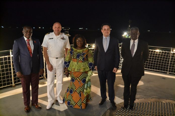 Mrs. Frema Osei-Opare, Chief of Staff (middle) with Mr. Wimmer, Belgian Ambassador to Ghana (2nd right) with Defence Minister ,Chief of Defence Staff and a Senior Captain of the Belgian Navy Vessel.