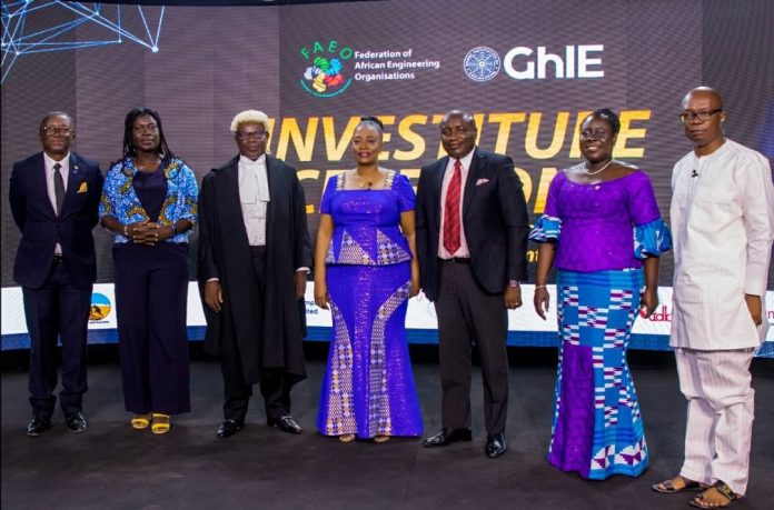 Front left to right: Ing. Leslie Alexander Ayeh-President of GhIE; Ing. Mavis Allotey-Chair, LOC; Justice Anthony Oppong-Court of Appeal Judge; Ing. Mrs. Carlien Bou-Chedid-President FAEO; Ing. Kwabena Agyei Agyepong-Executive Director of GhIE; Ing. Dr. Enyonam Kpekpena-President of women in Engineering Ghana; and Ing. Harold Esseku-Vice President of GhIE posed after the zoom meeting of the Presidential Investiture in Accra.