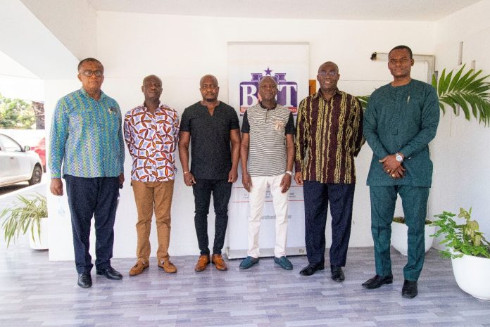 From left to right: Charles B. Janney, Director, Human Resource and Administration at GIADEC; William Selassy Adjadogo, Managing Editor at B&FT; Kojo Yankah, Executive Assistant/Head of CEO’s office at GIADEC; Saviour Tamakloe, Business Development Manager at B&FT; Michael Ansah, CEO of GIADEC; and Dr. Godwin Acquaye, Managing Director of B&FT
