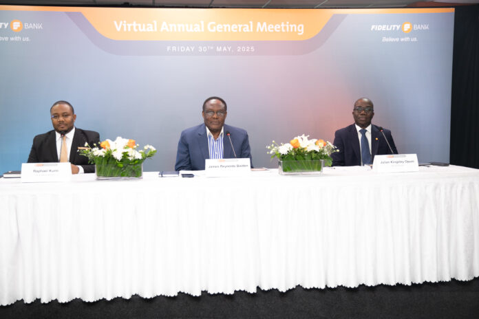 L-R Raphael Kumi, Ag. Group Head, Legal and Company Secretary, James Reynolds Baiden, Board Chairman and Julian Opuni, Managing Director, Fidelity Bank Ghana at the 2025 AGM